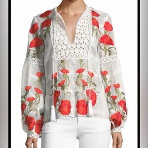 Alexis White Tunic Blouse with Red Floral Embroidery